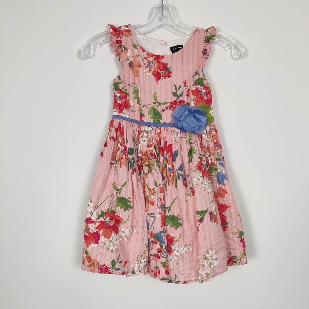 Zunie Girl's Pink Floral Dress with Blue Flower, Size 6